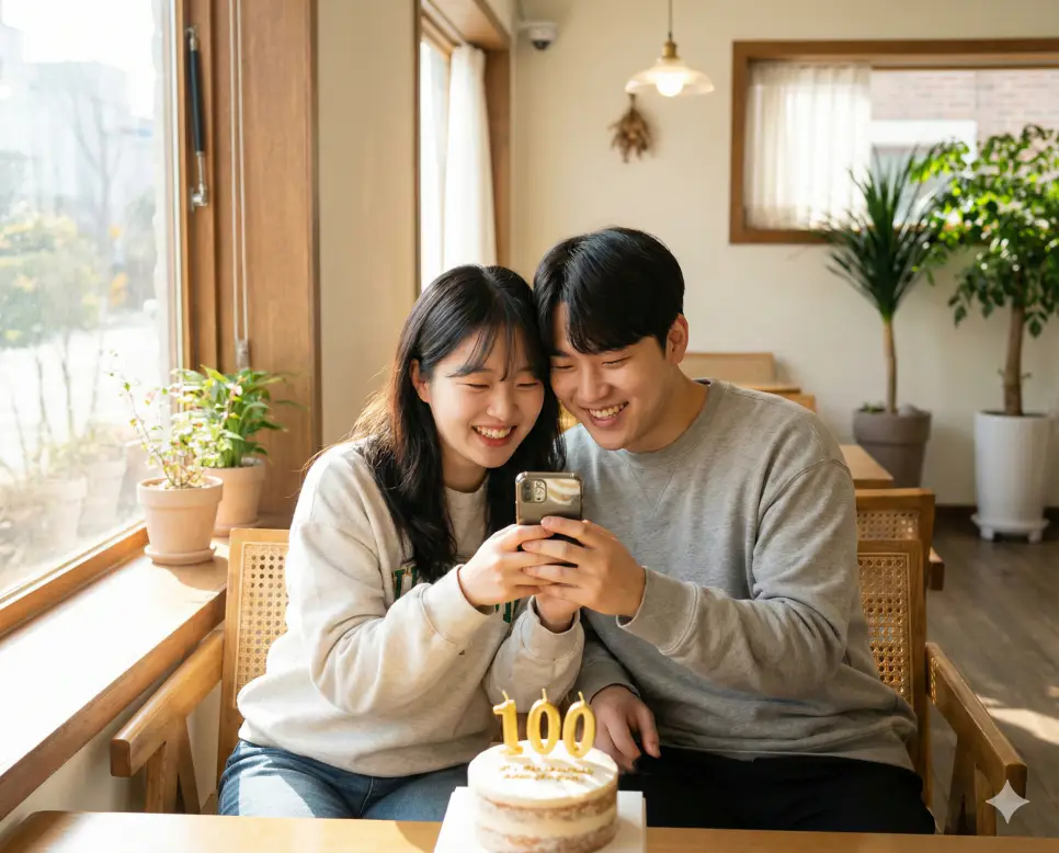 디데이 계산기 100일 날짜에 맞춰 작은 파티를 준비하며 설레어 하는 한국인 여성의 모습입니다.