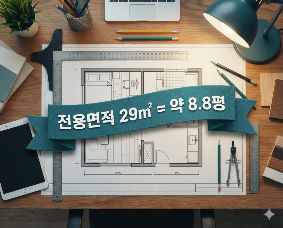 전용면적 27 28 29 31 32 (제곱미터 m2) 몇평인지 정리 평수 환산 상세 리포트 2 생생한 초소형 도면 배경 위 블루 띠 배너에 전용면적 22㎡와 약 6.7평 수치를 고딕체로 깔끔하게 넣은 분석 자료