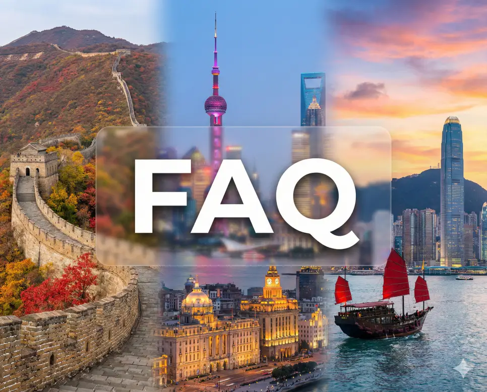 베이징과 상하이 전경이 어우러진 배경 위에 FAQ 문구가 포함된 실시간 중국 주요 도시 현재시간 및 시차 정보 자주 묻는 질문 안내 이미지