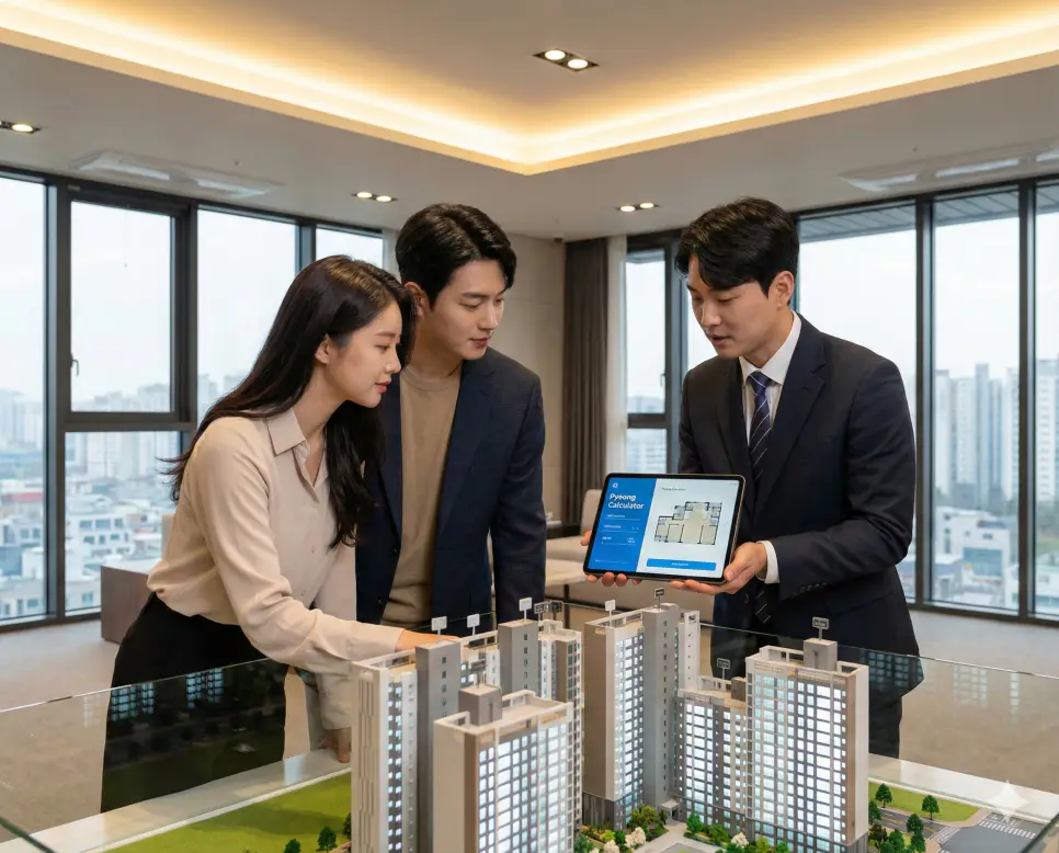 평수계산기를 활용해 아파트 모델하우스에서 실면적을 꼼꼼하게 확인하는 스마트한 반려인의 모습입니다.