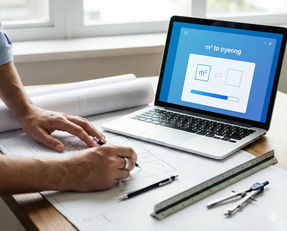 평수계산기 m2 단위를 평수로 정밀하게 변환하며 도면을 검토하는 전문가의 작업 환경 이미지입니다.