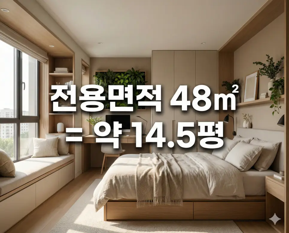 밝고 화사한 침실 공간 배경 위에 전용면적 48㎡ 실평수 정보를 텍스트로 삽입한 주거 환경 자료