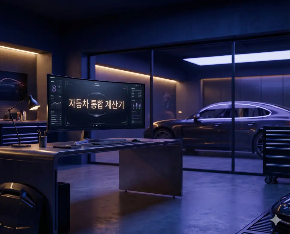 세련된 데스크톱 화면의 자동차 통합 계산기를 통해 목적지까지의 주유비와 연비를 정산하는 모습