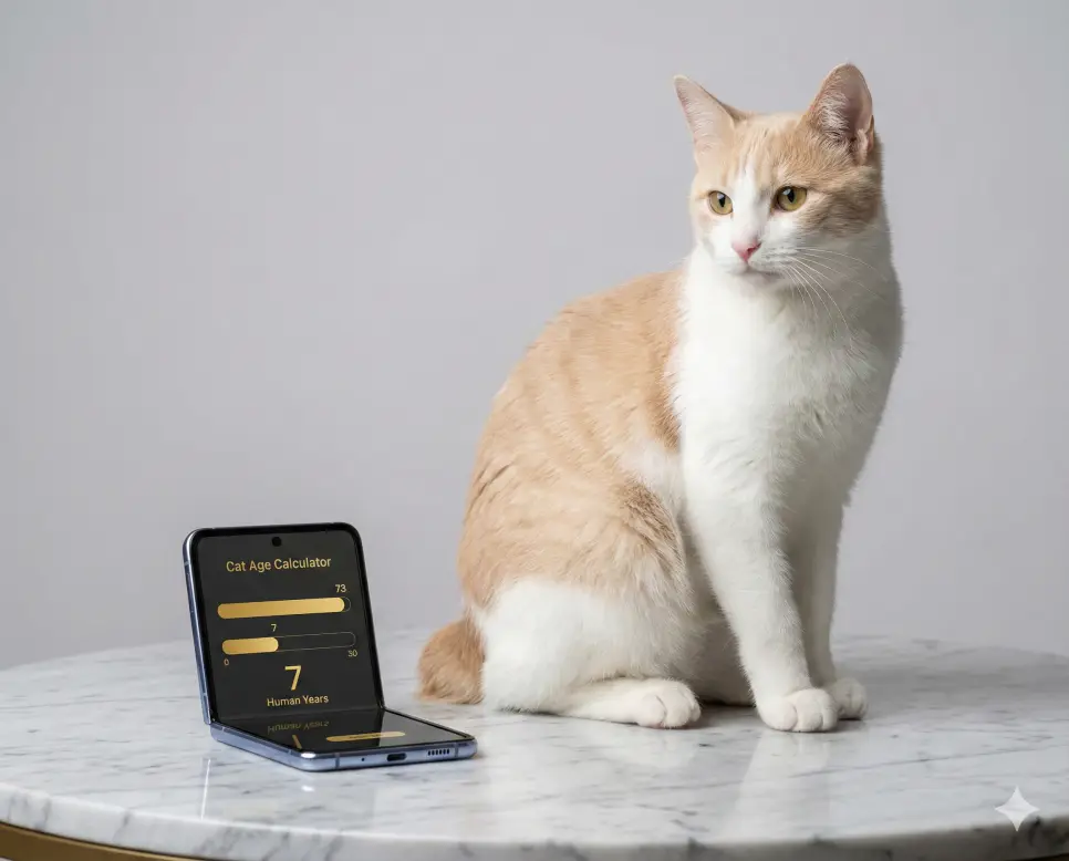 고양이 나이 계산기 화면 옆에서 우아하게 앉아 있는 고양이와 정밀한 나이 산출 기능을 표현한 이미지입니다.