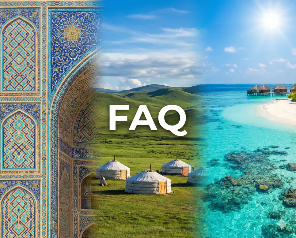 우즈베키스탄과 몽골 전경이 어우러진 배경 위에 FAQ 문구가 포함된 실시간 중앙아시아 주요 도시 현재시간 및 시차 정보 자주 묻는 질문 안내 이미지