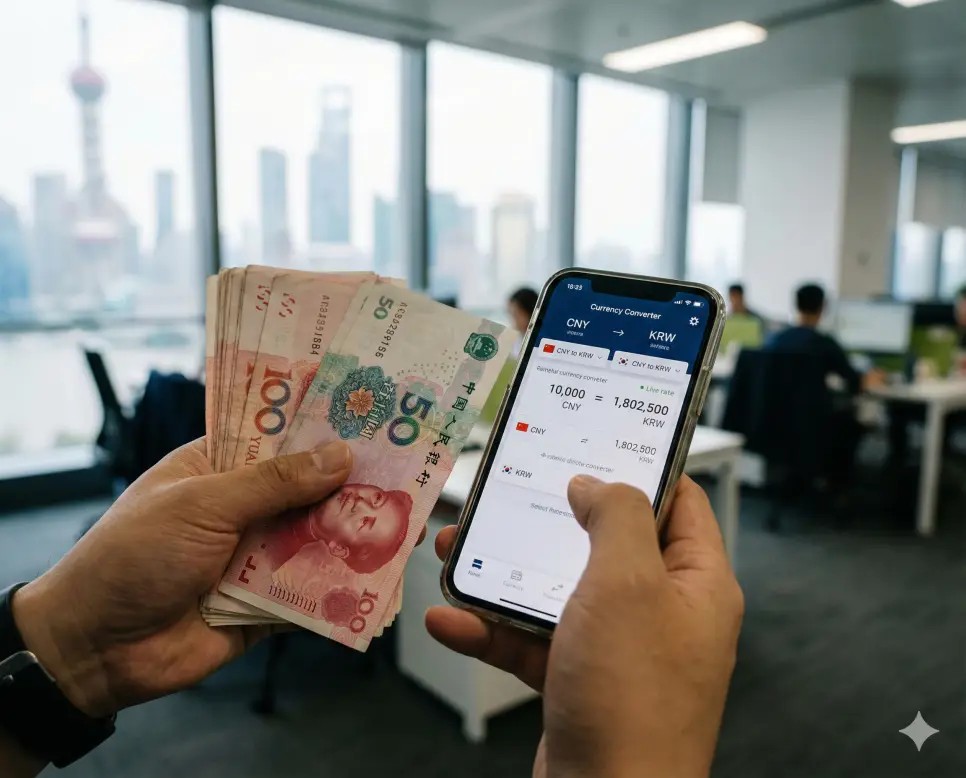 중국 환율 계산 기능을 활용해 상하이 비즈니스 현장에서 정확한 환전 금액을 산출하는 전문가의 모습입니다.