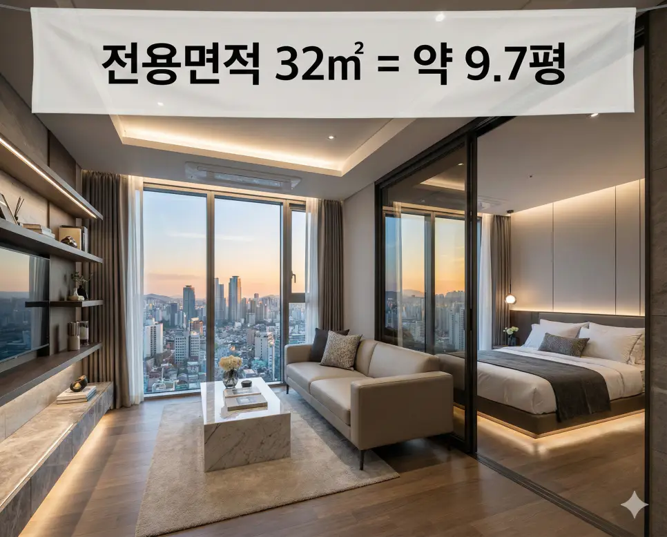 전용면적 27 28 29 31 32 (제곱미터 m2) 몇평인지 정리 평수 환산 상세 리포트 3 선명한 투룸 인테리어 위 흰색 띠 배너에 전용면적 32㎡와 약 9.7평 정보를 고딕체로 삽입한 하이엔드 사진