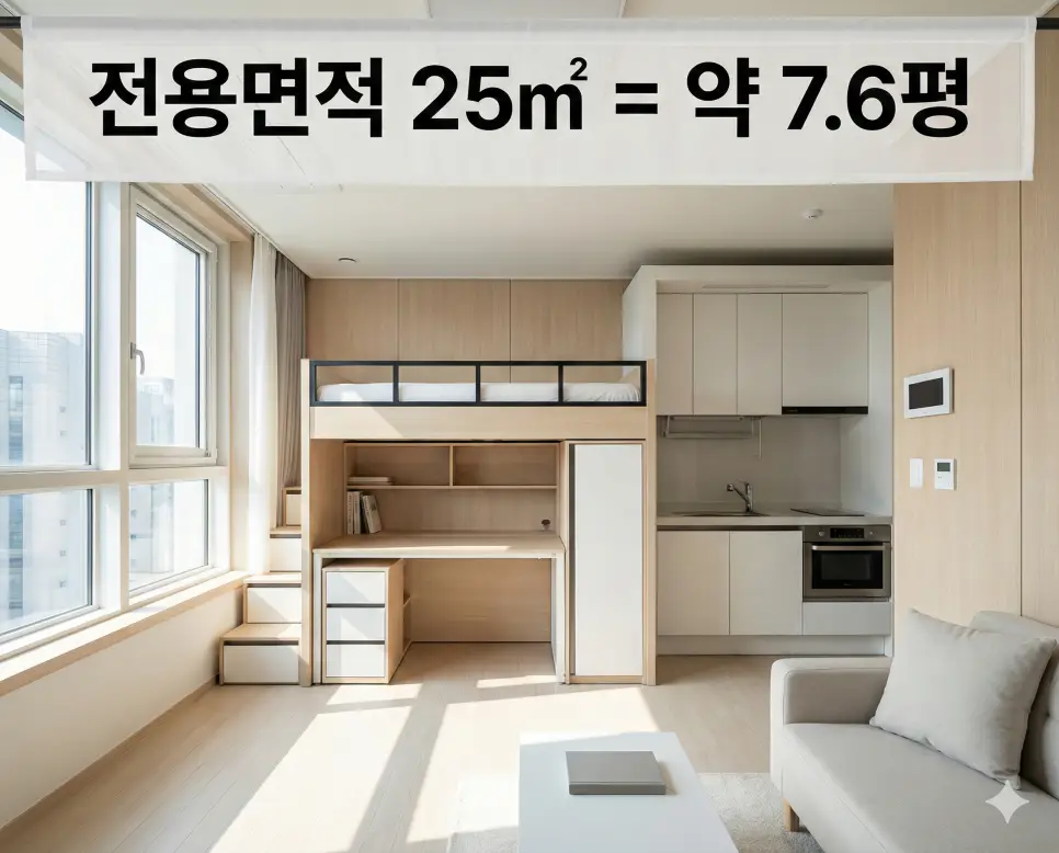 선명한 25m2 인테리어 위 흰색 띠 배너에 전용면적 25㎡와 약 7.6평 정보를 고딕체로 삽입한 하이엔드 사진
