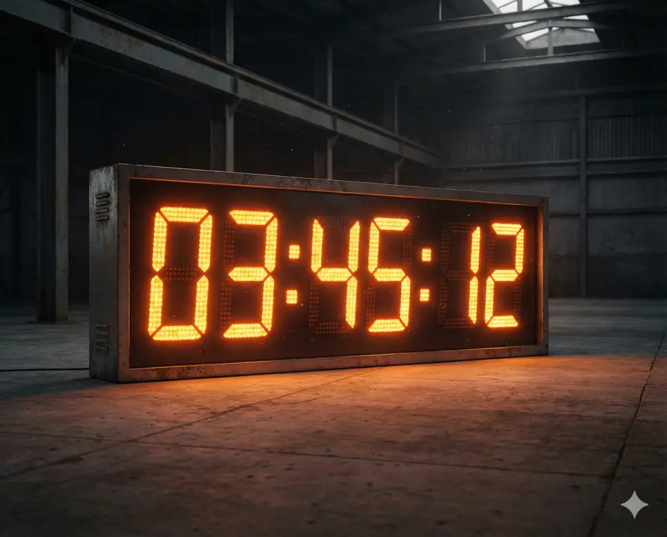 A breathtaking photo of a large digital countdown timer glowing in the dark, showing hours, minutes, and seconds. 8k resolution, crisp details, high-end photography. NO TEXT. 966x780px.