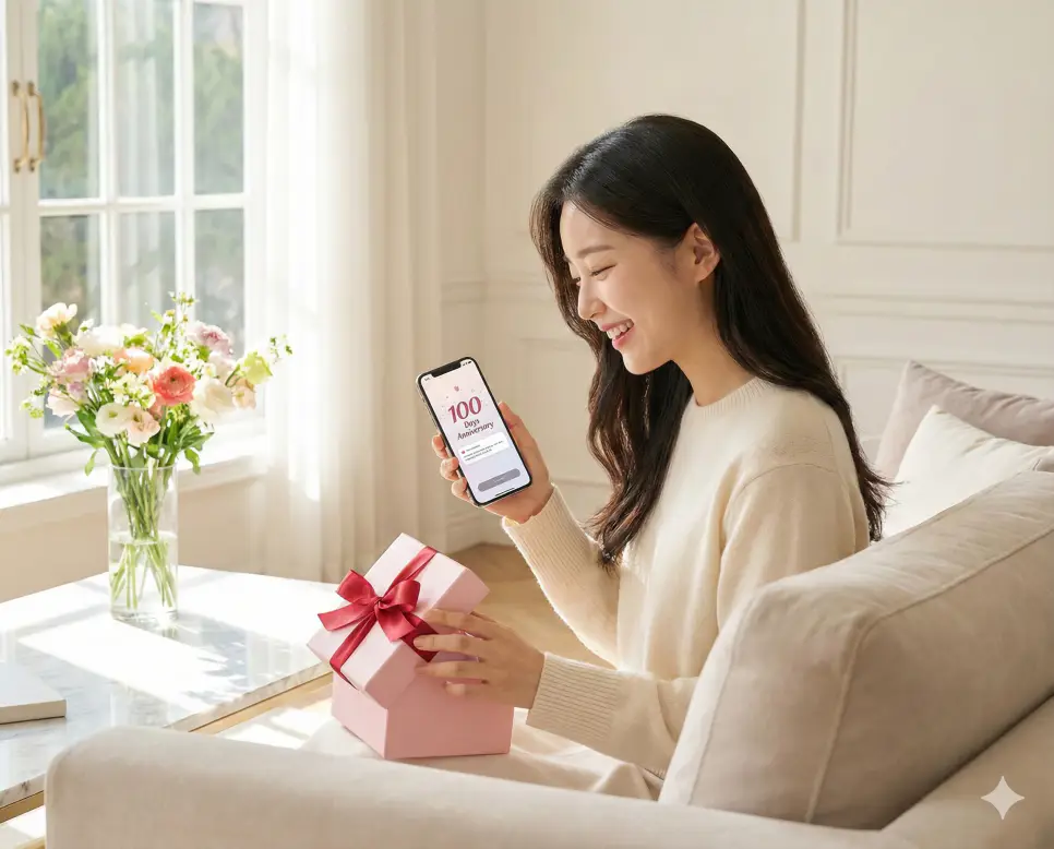 커플 기념일 계산기 알람을 보고 준비한 선물을 받으며 기뻐하는 감동적인 순간의 이미지입니다.