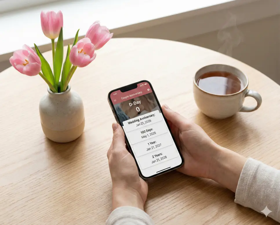 커플 디데이 계산 방식과 기념일 산출 기준을 꼼꼼하게 확인하는 반려인의 손동작이 담긴 이미지입니다.