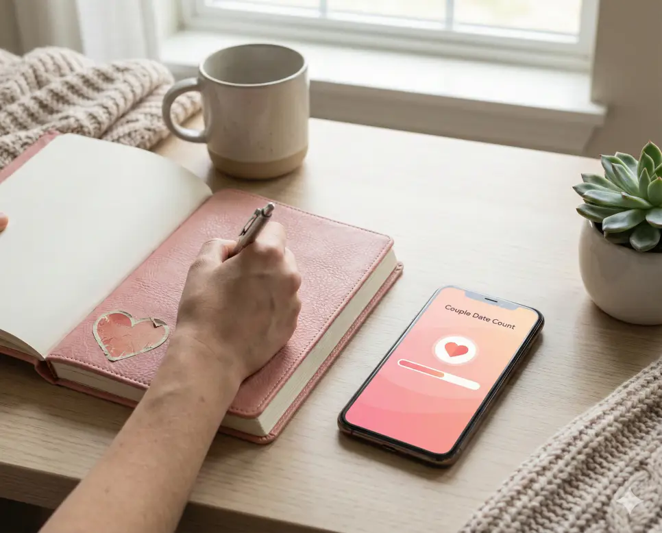 커플 날짜 계산기로 확인한 기념일을 다이어리에 기록하며 추억을 소중히 간직하는 모습입니다.