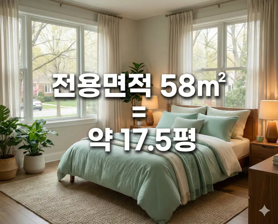 포근한 침실 공간 배경 위에 전용면적 58㎡ 실평수 정보를 텍스트로 삽입한 주거 환경 자료