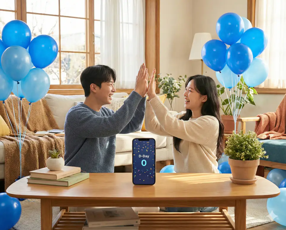 D DAY 계산기로 소중한 날짜를 카운트다운하고 목표 달성을 축하하는 설레는 분위기의 이미지입니다.