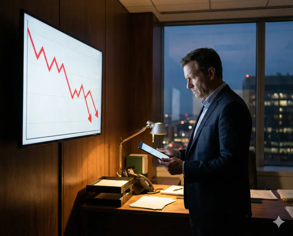 하락하는 수치 데이터를 모니터링하며 감소율을 분석하고 대책을 세우는 전문가의 진지한 실사 이미지입니다.