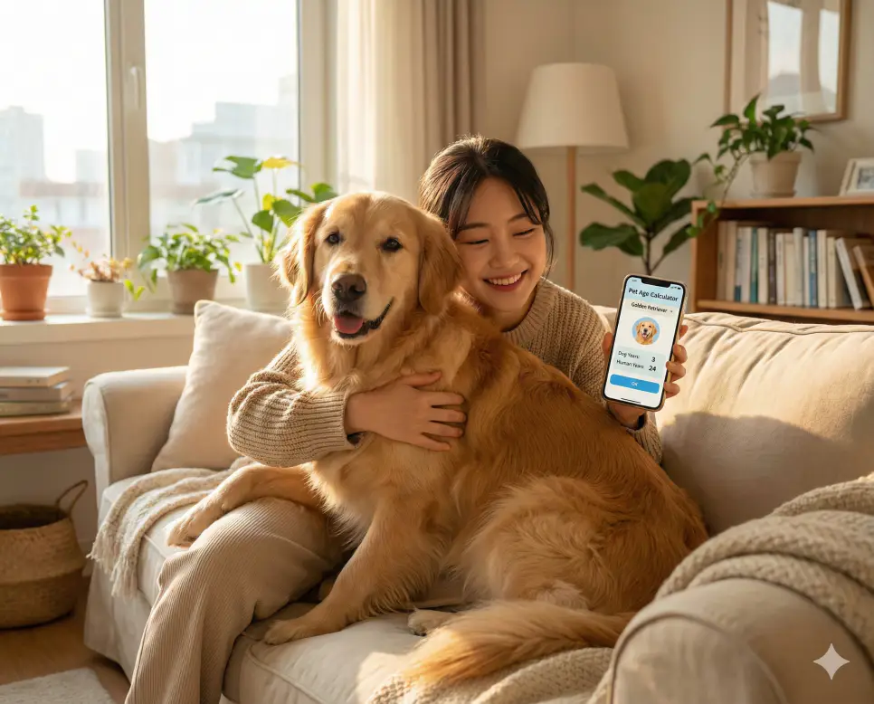 강아지 나이 계산기를 통해 반려견의 사람 나이를 확인하며 교감하는 행복한 반려인의 실사 이미지입니다.