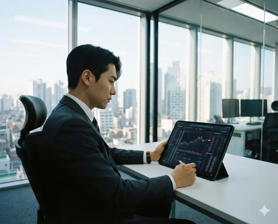 달러 환율 계산 기능을 통해 글로벌 환율 변동 추이를 분석하고 투자 전략을 세우는 전문가의 모습입니다.