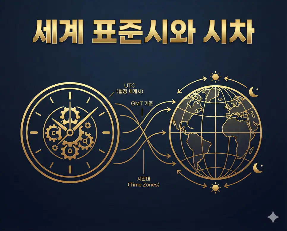 UTC 세계 표준시와 국가별 시차 발생 원리를 설명하는 전문 인포그래픽 자료