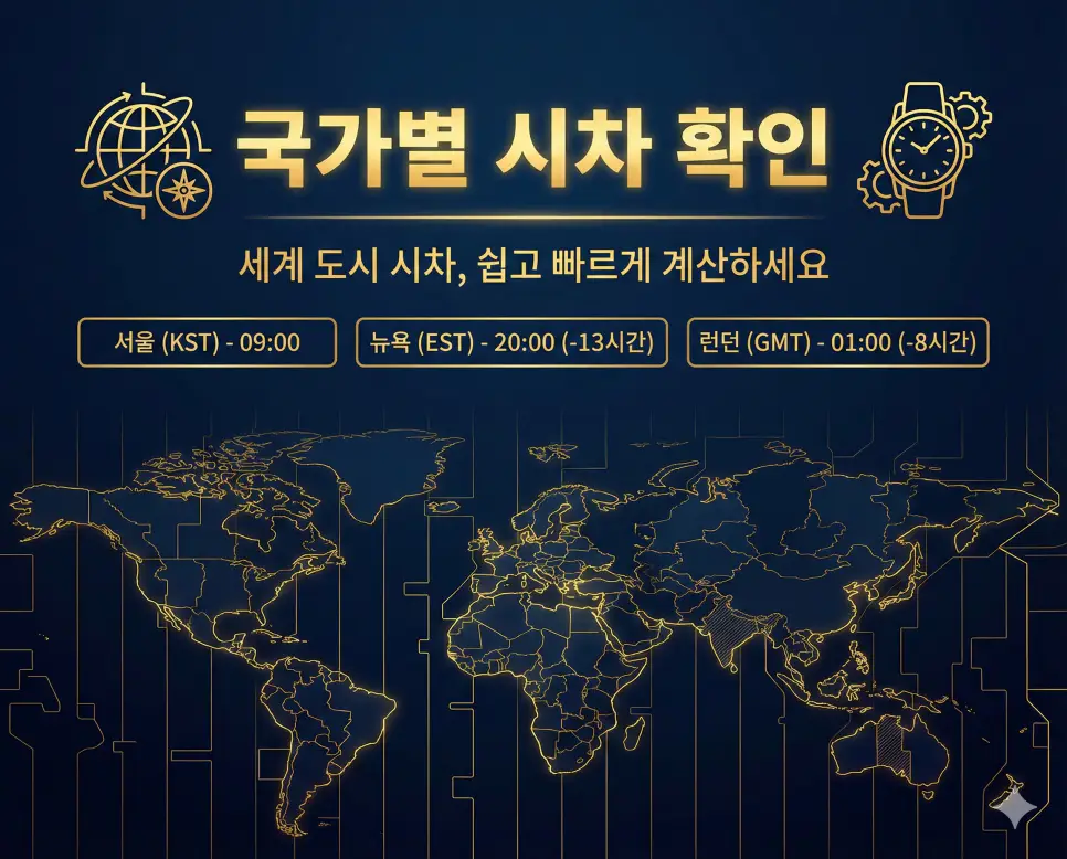 한국 기준 전 세계 450개 주요 도시의 시차와 표준시(UTC)를 설명하는 인포그래픽