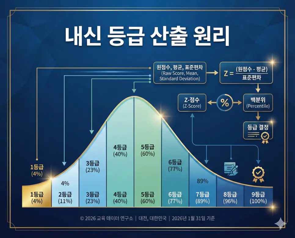 석차 백분율과 동석차 적용 방식을 기반으로 한 내신 등급 산출 공식 가이드 인포그래픽