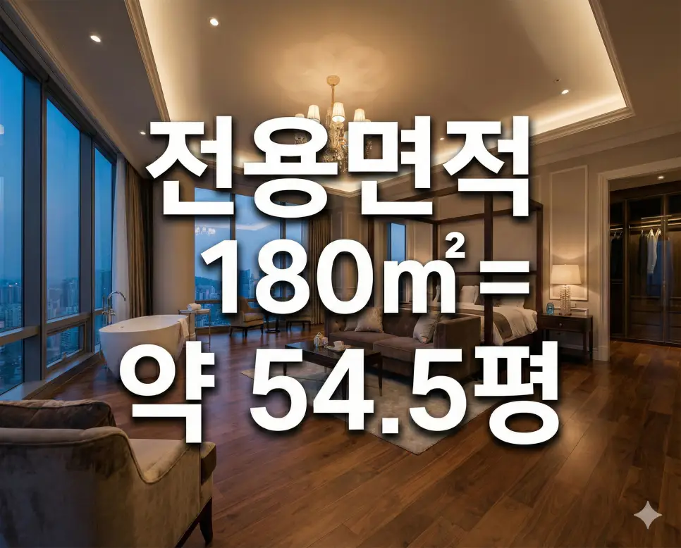 전용면적 140 145 150 160 180 (제곱미터 m2) 몇평인지 체크 평수 환산 완벽 분석 3 웅장한 초대형 침실 공간 배경 위에 전용면적 180㎡ 실평수 정보를 텍스트로 삽입한 하이엔드 주거 자료