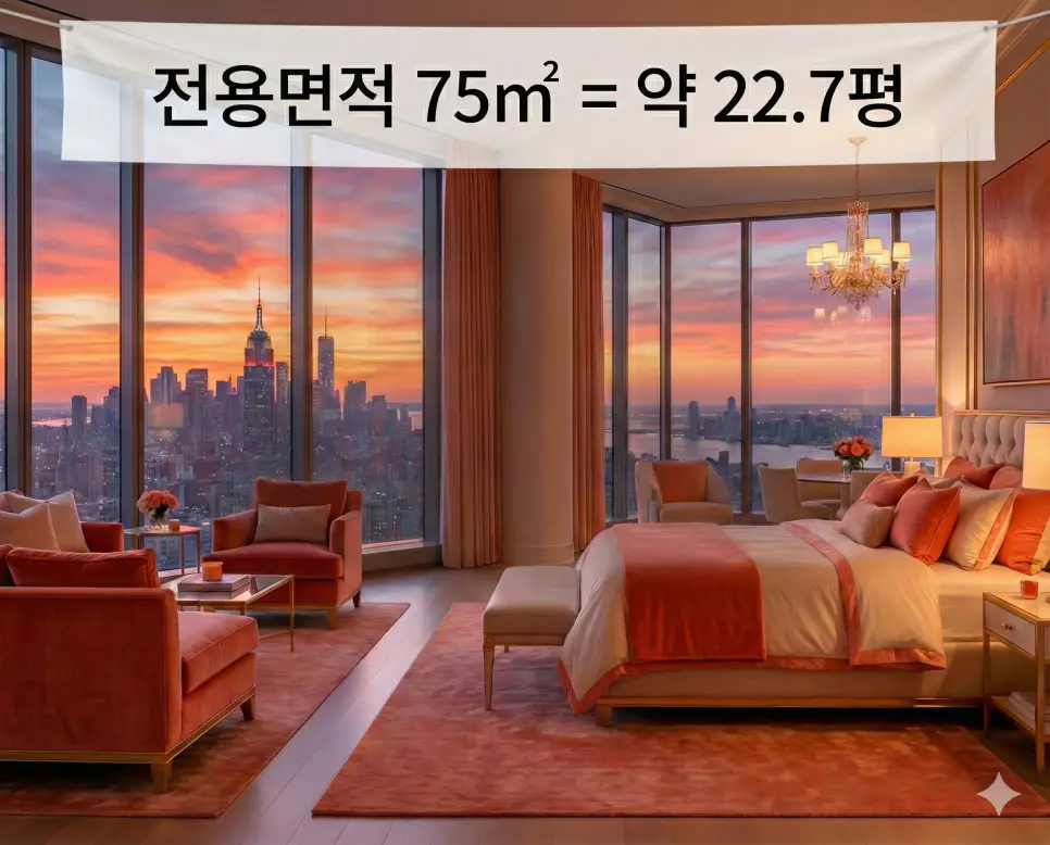 웅장한 침실 공간 위 흰색 반투명 띠 배너에 전용면적 75㎡와 약 22.7평 정보를 고딕체로 삽입한 하이엔드 사진
