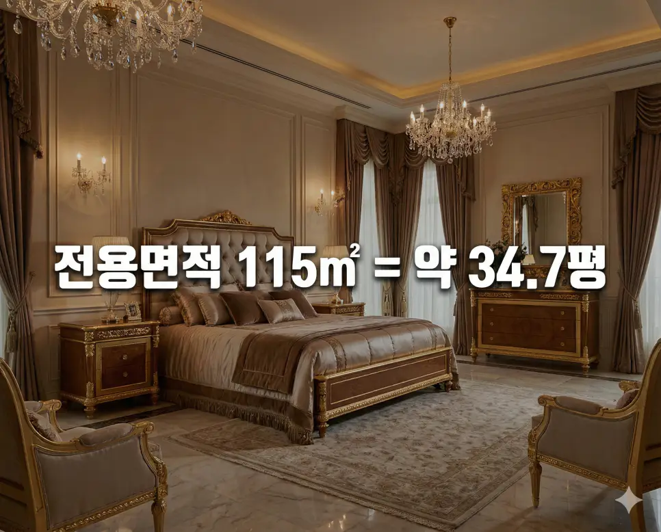 웅장한 침실 공간 배경 위에 전용면적 115㎡ 실평수 정보를 텍스트로 삽입한 하이엔드 주거 환경 자료