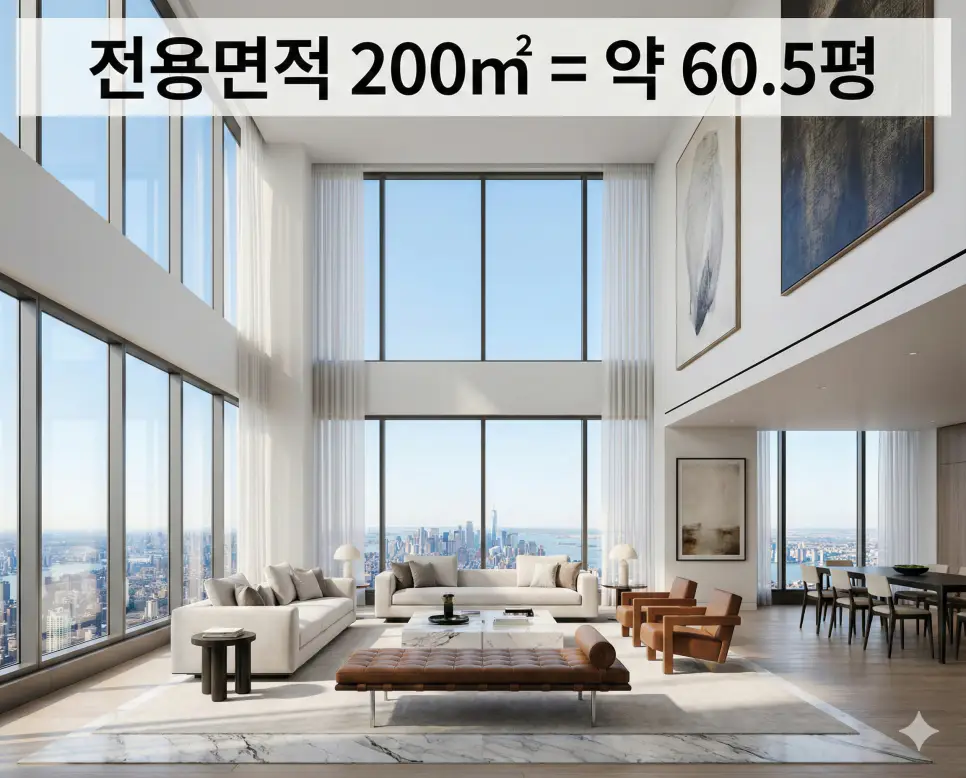전용면적 89 99 200 (제곱미터 m2) 대형 평형대 분석! 몇평이고 실생활 면적별 평수는 얼마? 3 웅장한 200m2 펜트하우스 전경 위 흰색 띠 배너에 전용면적 200㎡와 약 60.5평 정보를 고딕체로 삽입한 하이엔드 자료