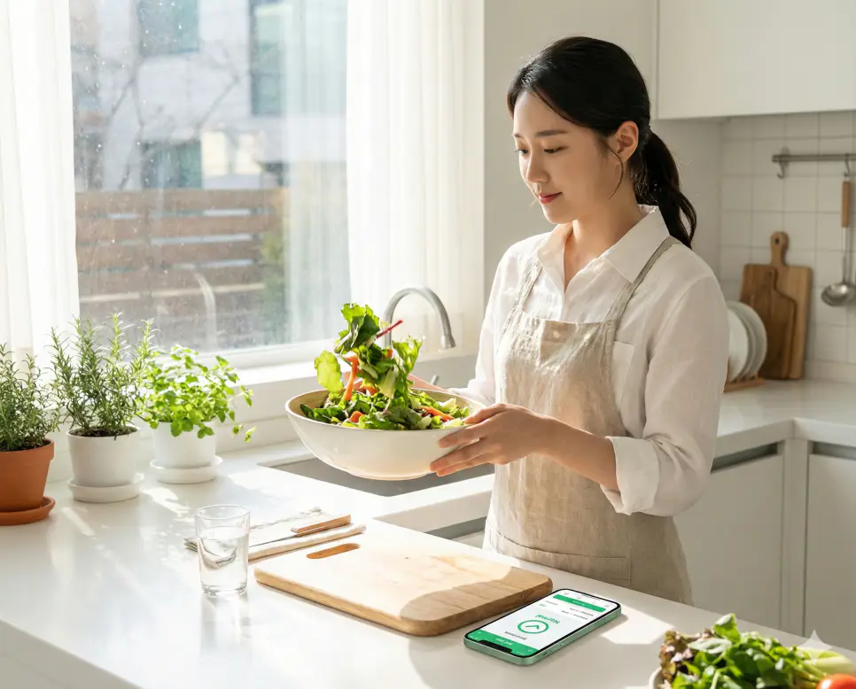 BMI 계산기를 통해 정상 범위를 유지하며 건강한 식생활을 즐기는 스마트한 반려인의 일상 이미지입니다.