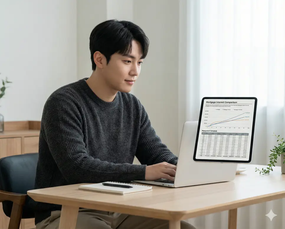 주택 담보 대출 이자 계산기 분석 기능을 통해 매달 지불해야 할 아파트 담보 대출 원리금을 꼼꼼하게 관리하는 전문가의 모습입니다.