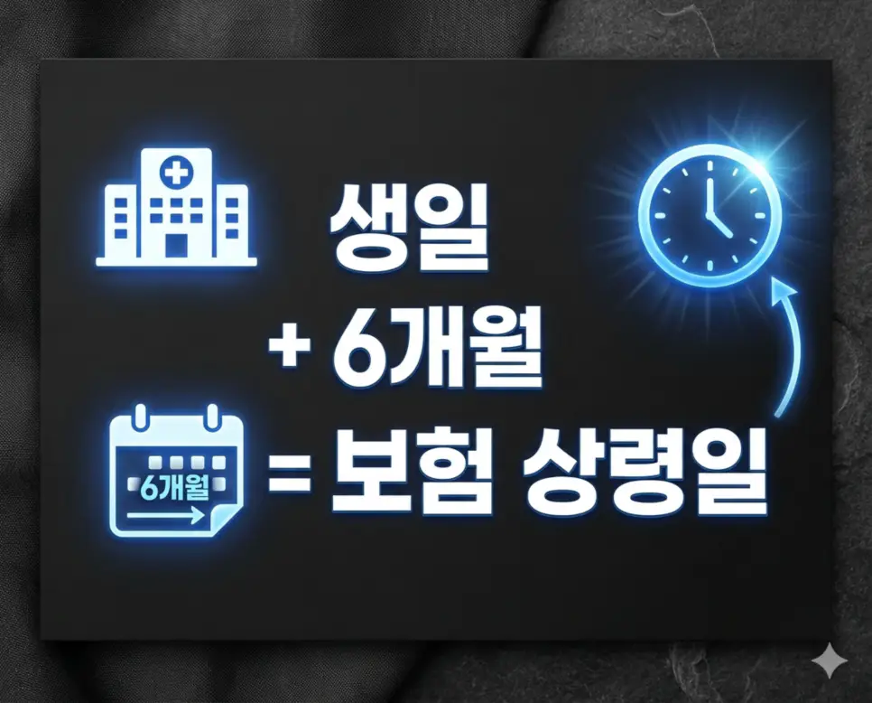 생일로부터 6개월이 지난 시점인 상령일을 기준으로 보험나이가 바뀌는 원리와 공식을 설명하는 다크 테마 인포그래픽