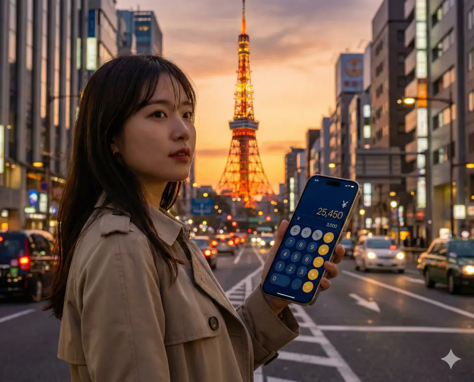 일본 환율 계산기를 활용해 도쿄 여행 중 실시간으로 엔화 가격을 확인하며 즐거워하는 여행객의 실사 이미지입니다.