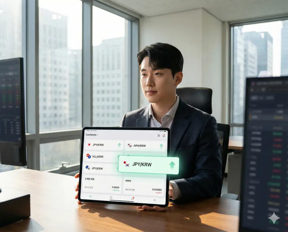 일본 환율 계산 기능을 이용해 비즈니스나 투자를 목적으로 엔화 변동 추이를 분석하는 전문가의 모습입니다.
