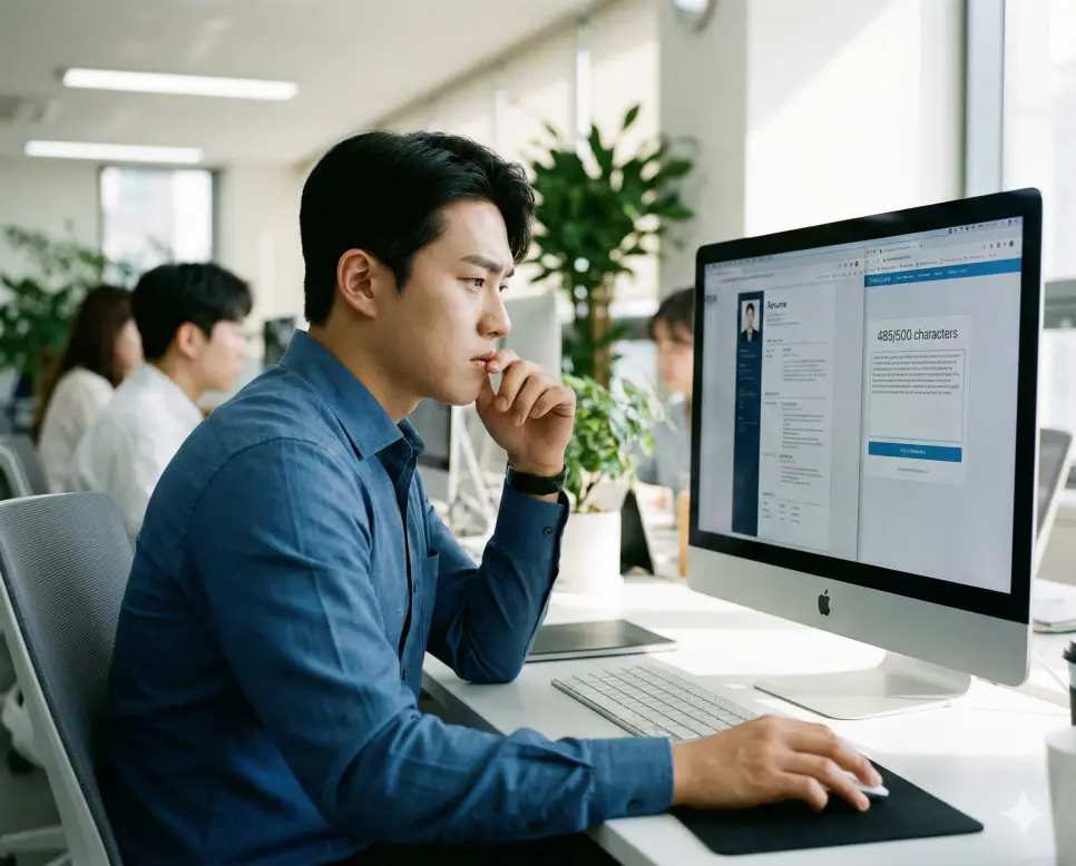 자소서를 작성하며 글자수 세기 도구로 공백 포함 및 제외 자수를 정밀하게 확인하는 취업 준비생의 모습입니다.