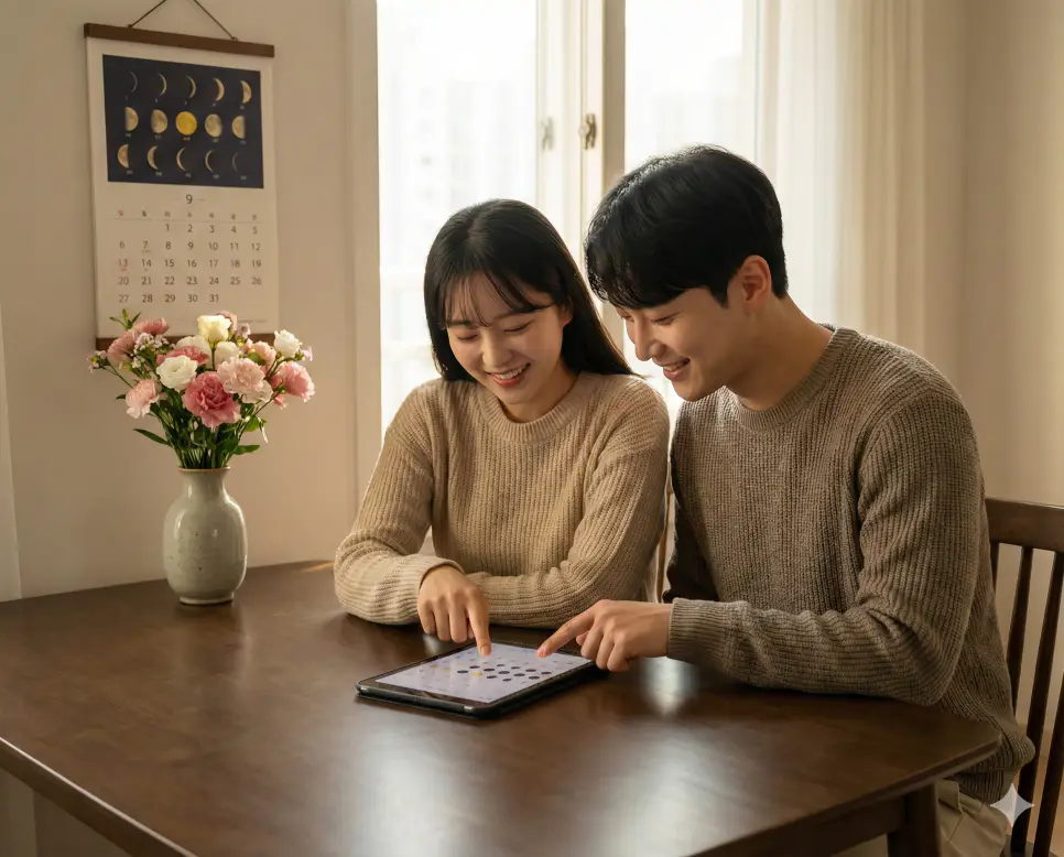 부모님의 음력 생신을 챙기기 위해 스마트 도구로 정확한 날짜를 확인하는 다정한 한국인 부모님