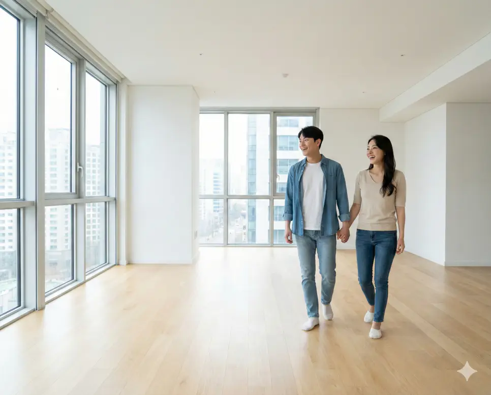 전용면적 46m2 26 80 18 44 (제곱미터 m2) 몇평일까? 부동산 평수 총정리 3 30평형대 대형 틈새 평형의 여유로움과 실평수 환산 결과를 확인하는 한국인 부부 사진