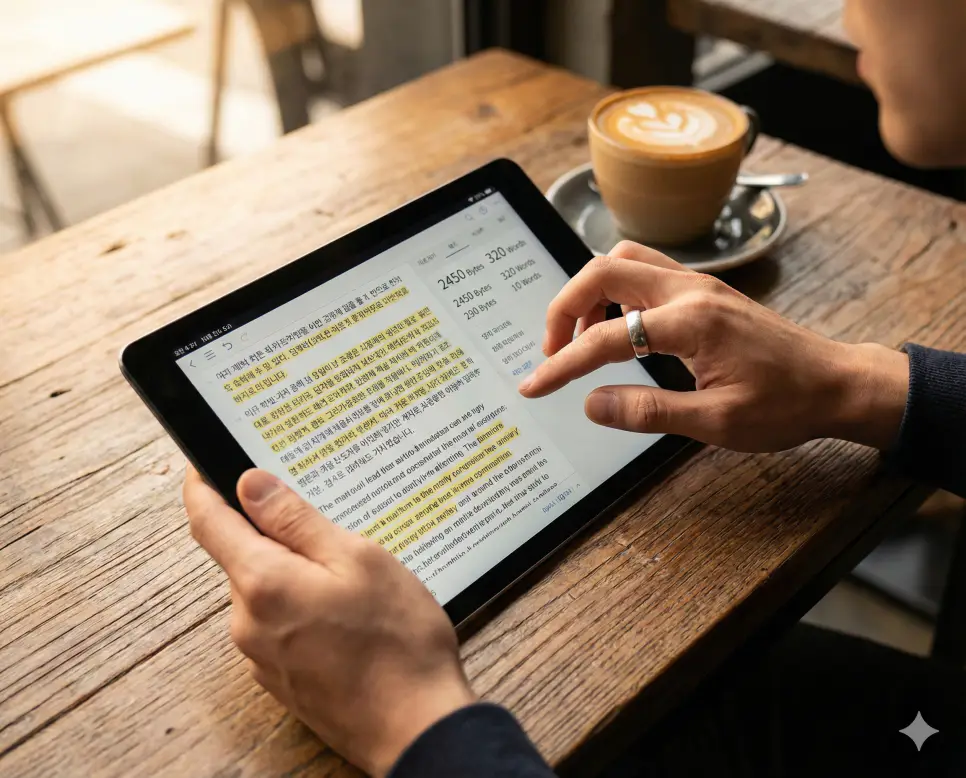 한글 글자수 세기와 영어 글자수 세기를 동시에 지원하는 스마트 계산기로 텍스트를 분석하는 세련된 이미지입니다.