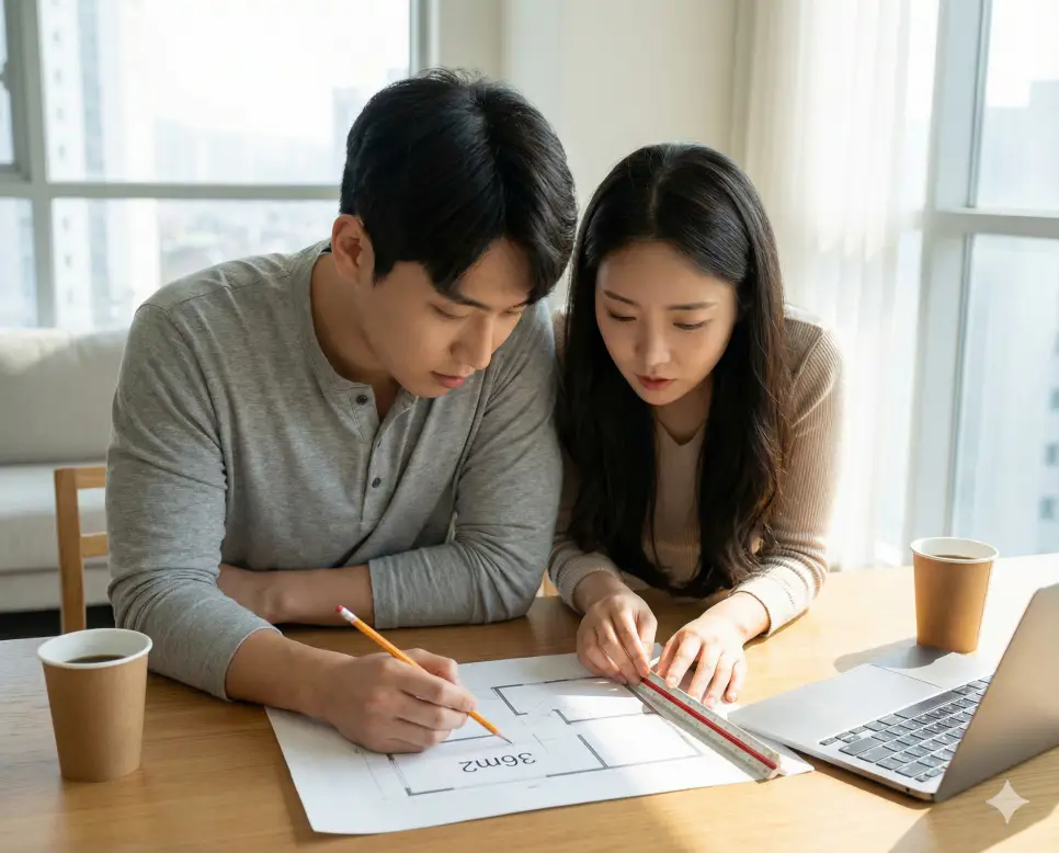 36m2 몇 평인지 실평수를 계산하며 가구 배치를 고민하는 한국인 신혼부부 이미지