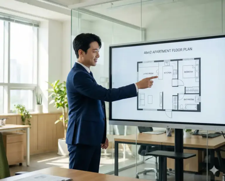 korean professional explaining 46m2 floor plan
