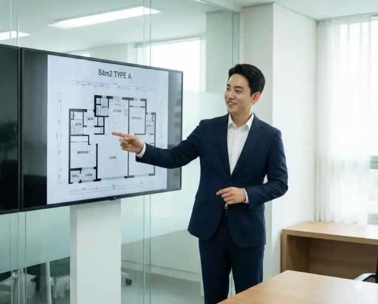 korean realtor explaining 84m2 floor plan