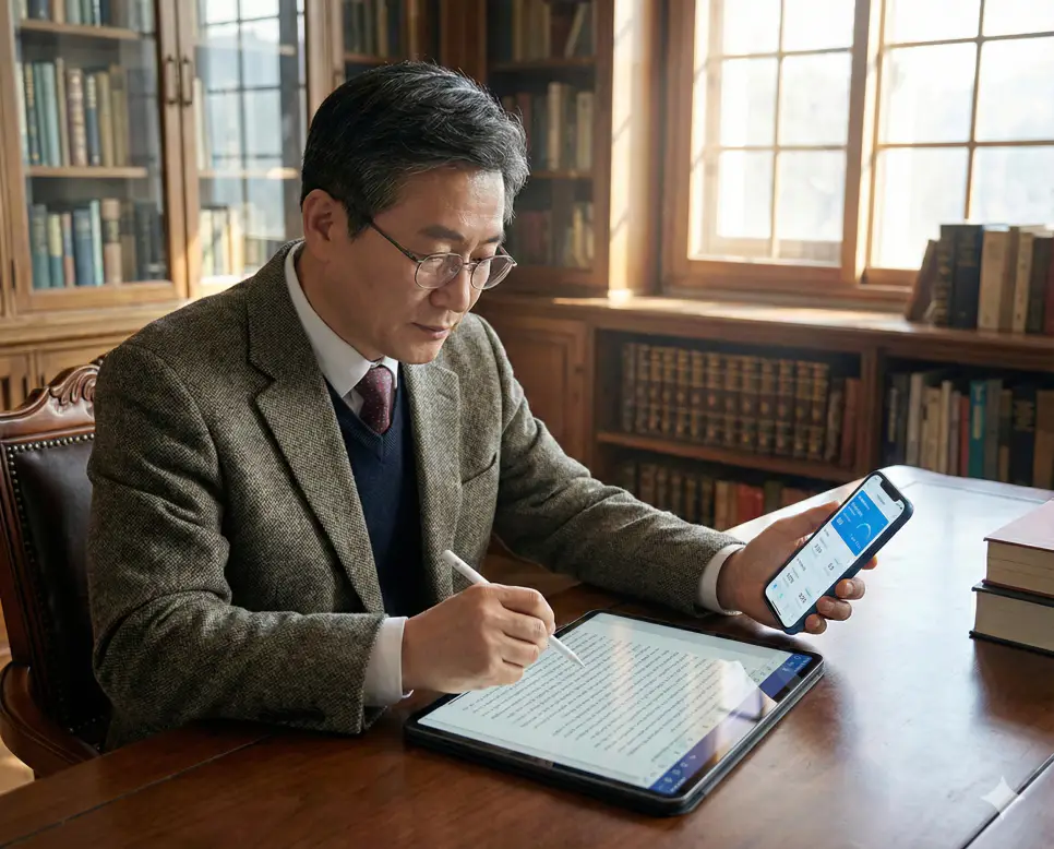 서재에서 영문 원고를 분석하며 영어 단어수 세기 프로그램을 통해 읽기 시간과 평균 단어 길이를 확인하는 모습