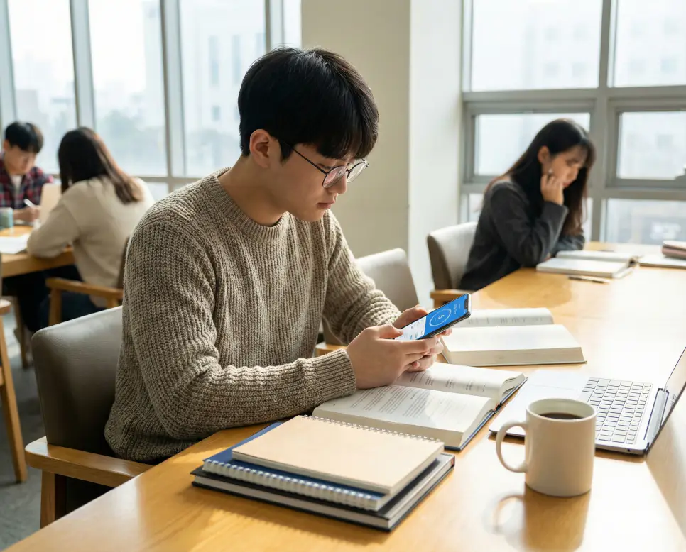 도서관에서 시간 단위 변환기를 사용하여 자신의 공부 시간을 분과 초 단위로 환산하며 학습 계획을 세우는 학생