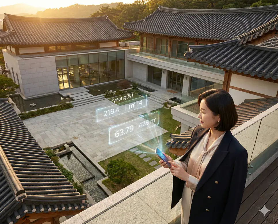 넓이 단위변환 및 넓이 환산 통합 계산기: 평 ㎡ 에이커 헥타르 전 세계 단위 포함 3 전통 한옥의 고즈넉한 대지 면적을 넓이 단위변환기로 정밀하게 환산하여 평수 데이터를 확인하는 전문 인테리어 디자이너