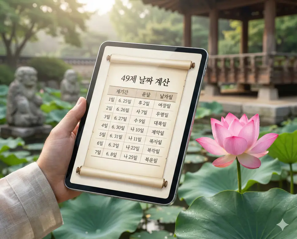 49제 계산 기능을 활용해 초재부터 회향까지의 일정을 산출하고 정확한 날짜를 기록하는 정성스러운 모습의 이미지입니다.