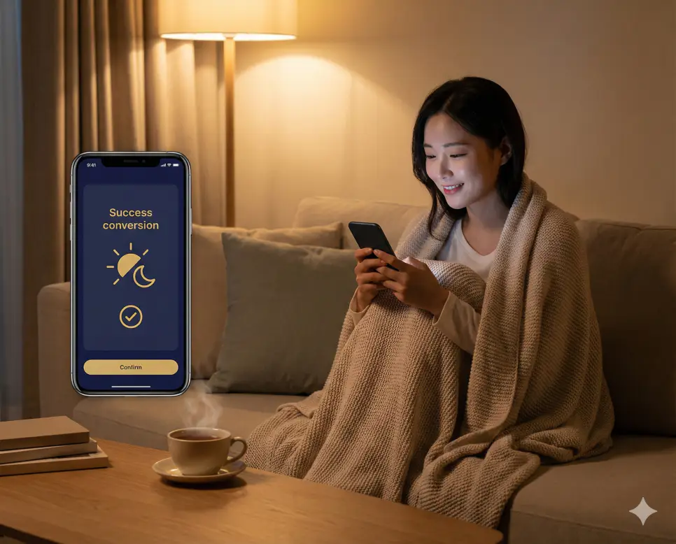 생일 계산기 추천! 음력 생일 계산 10초 만에 끝내주는 음력 계산기 🌗 2 포근한 거실에서 스마트폰 앱을 사용해 부모님의 음력 생신을 양력으로 변환해보는 한국인 여성
