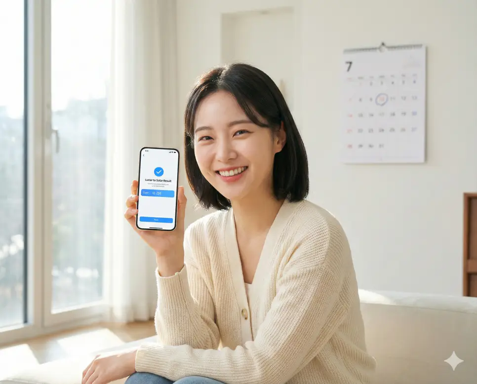 양력 음력 변환기를 통해 가족의 생일을 확인하고 나이와 띠를 계산해보는 행복한 모습