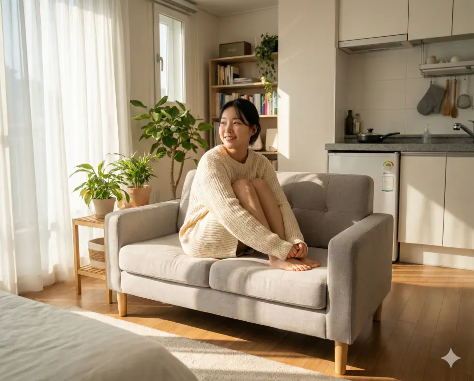 전용면적 46m2 26 80 18 44 (제곱미터 m2) 몇평일까? 부동산 평수 총정리 2 넓은 원룸 평수 환산 정보를 확인하며 아담하고 화사한 공간을 즐기는 한국인 여성 전경