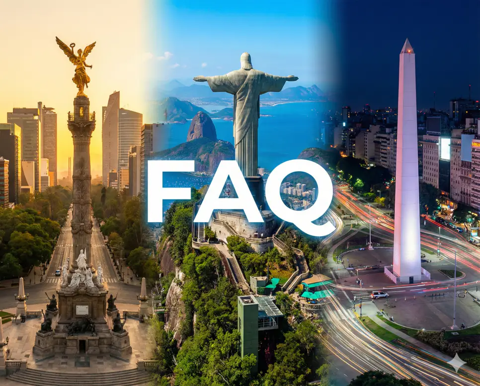 멕시코시티와 리우데자네이루 전경이 어우러진 배경 위에 FAQ 문구가 포함된 실시간 멕시코 브라질 아르헨티나 현재시간 및 시차 정보 자주 묻는 질문 안내 이미지