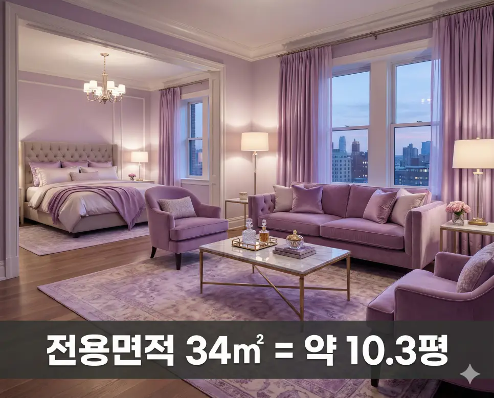 전용면적 34 35 37 38 41 (제곱미터 m2) 몇평인지 확인 정확한 평수 정리 1 전용면적 34m2 몇 평인지 럭셔리 인테리어 위 회색 띠 배너에 고딕체로 약 10.3평 수치를 명시한 세련된 정보 이미지