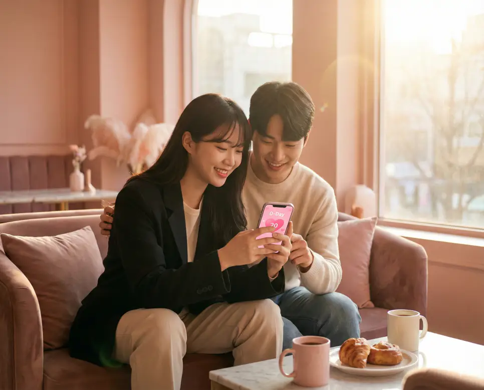 커플 디데이 계산기를 함께 보며 다가올 기념일을 설레는 마음으로 계획하는 연인의 행복한 실사 이미지입니다.